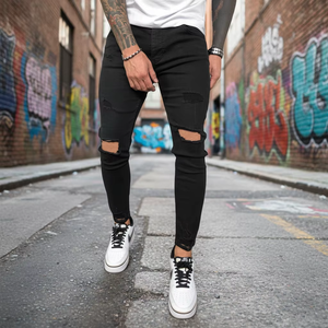 Nouveau Jean Droit Homme Tendance Transfrontalier Style Européen et Américain avec Trous Taille Élastique Tissu Denim Délavé Effet Usé - Product Image 1