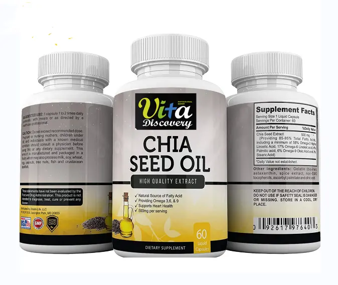 Private label immune system Support Chia Seed Oil extract Capsules with Omega 3, 6, 9 Fatty Acid Support Heart & Hair