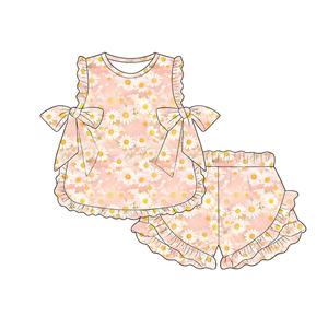 Ensemble short sans manches en soie de lait personnalisé pour filles / Tenue d'été à volants et nœuds pour enfants OEM ODM Usine de vêtements pour enfants - Product Image 3