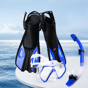 Adult Snorkeling 3-Piece Set Fins Mask Snorkel Anti-Fog Tempered Glass Diving Gear Blue Black - Product Image 1