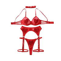Nouvelle Lingerie Sexy en Maille Transparente avec Strass en Forme de Cœur, Ensemble 4 Pièces, Soutien-Gorge Sculptant Découpé, Culotte et Bas pour Femme