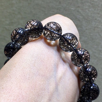 Bracelet extensible de luxe en perles rondes de quartz rutilé noir naturel de qualité collectionnable, bracelets rares en quartz cheveux noirs
