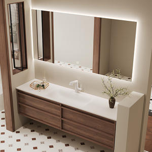 Tocador de baño de madera maciza con placa de <span class=keywords><strong>roca</strong></span> de color café <span class=keywords><strong>retro</strong></span> personalizado moderno con <span class=keywords><strong>lavabo</strong></span> y espejo de una pieza doblado en caliente - Product Image 6