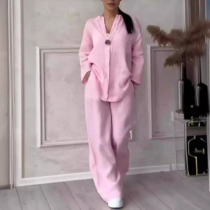 Women's Casual Suit Pink <b>Linen</b> Wide Leg Pants <b>Set</b> Loose Comfortable Artistic Retro Style S M L XL 2XL 3XL 4XL 5XL - Product Image 1