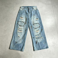 Pantalon en jean OUNA personnalisé pour homme, bleu clair, déchiré, effiloché, coupe ample, style streetwear vintage, en denim de coton