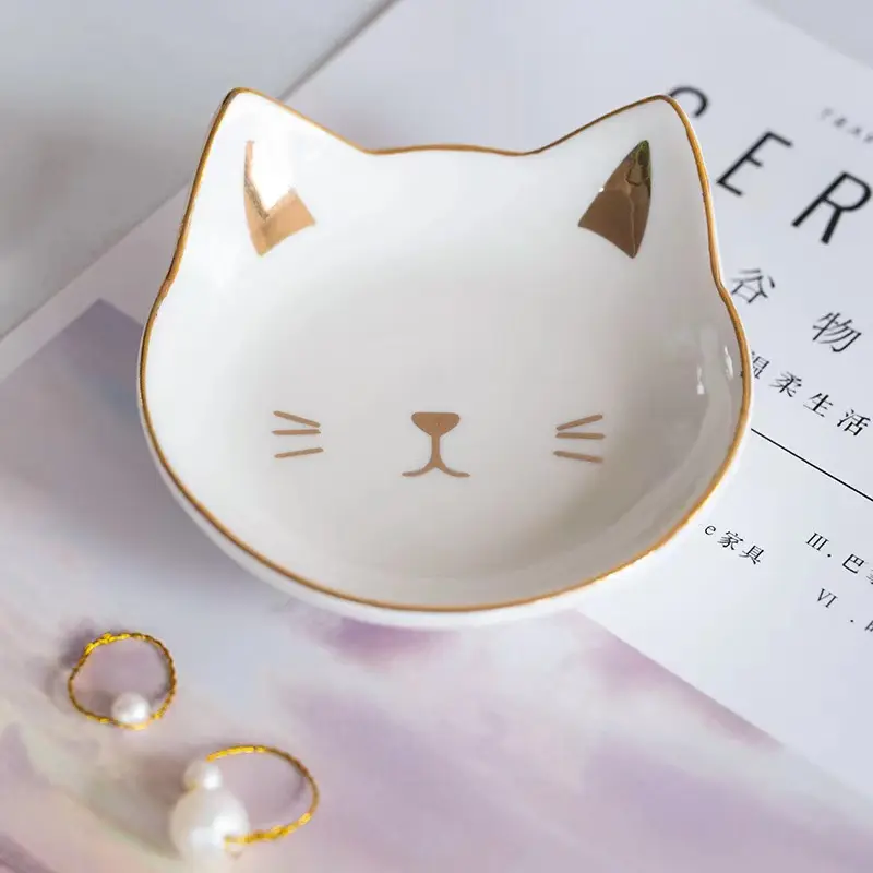 จานเซรามิกใส่เครื่องประดับสีขาว,จานแหวนถาดสำหรับใส่เครื่องประดับจานเล็กๆน่ารักแมวสำหรับตกแต่ง