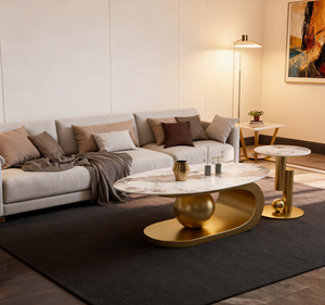 Bộ bàn trà hiện đại sang trọng mặt đá sintered mạ vàng, bàn trà hình <span class=keywords><strong>oval</strong></span> bằng đá cẩm thạch cho phòng khách - Product Image 4