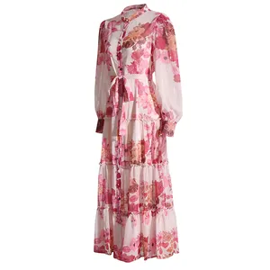 TWOTWINSTYLE Großhandel Vintage Hit Farbdruck Kleid für Damen Rundhalsausschnitt Laterne Ärmel Hohe Taillenkleider für Damen