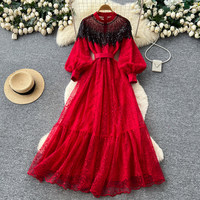 Robe longue élégante pour femme WIWT, en dentelle blanche, coupe trapèze, col montant, manches longues bouffantes, taille haute avec ceinture, idéale pour les fêtes et le quotidien
