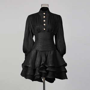 Vestido Mini de <span class=keywords><strong>Mujer</strong></span> con Cuello Alto y Cintura Fruncida, Vestido Brillante con Volantes en el Bajo y Mangas Abullonadas, Vestidos Sehe Fashion - Product Image 6