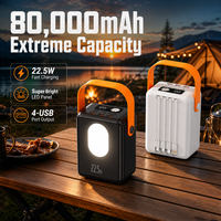 Batterie externe de camping 80000 mAh grande capacité avec 4 câbles intégrés, chargeur portable durable, charge rapide PD 22,5 W, double éclairage