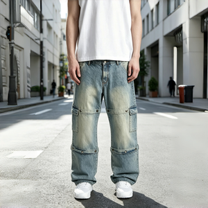 Vaqueros Cargo Azules Vintage Lavados para Hombre con Múltiples Bolsillos con Remaches, Pierna Ancha Holgada, Cintura Alta, Estilo Casual Urbano, Vaqueros de Mezclilla de Moda - Product Image 1