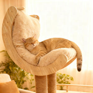 Arbre à chat en bois massif multi-niveaux avec cadre tressé, colonnes en corde de chanvre et sisal, et niche cabane intégrée - Product Image 3