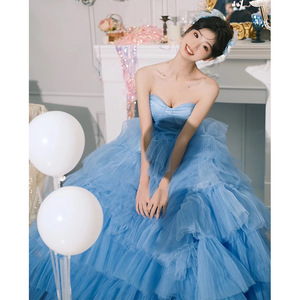 Strapless Blue Tulle Ball Gown Empire Waistline Cocktail Dress For Birthday Party Photo Shoot Adult Size - Product Image 2
