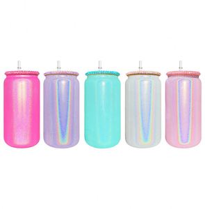 Custom Logo Rhinestone Bamboo Bling <b>Lid</b> 16Oz Sublimation Shimmer Glass Can With <b>Lids</b> <b>and</b> <b>Straws</b> - Product Image 1