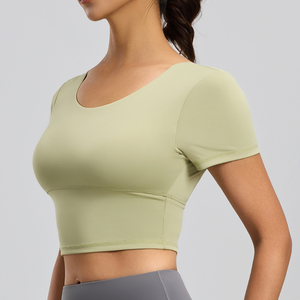 เสื้อโยคะผู้หญิงแบบขายส่ง มีบราในตัว แขนสั้น ไร้ตะเข็บ ทรงครอป กระชับรูปร่าง เหมาะสำหรับออกกำลังกาย ระบายอากาศได้ดี เสื้อยิม - Product Image 3