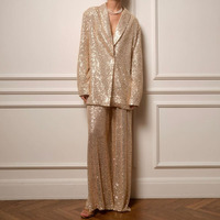 Nouvelle Collection Printemps : Ensemble Blazer Femme Décontracté en Toile Non Tissée, Écologique, Uni, Orné de Paillettes et de Perles, Idéal pour le Quotidien