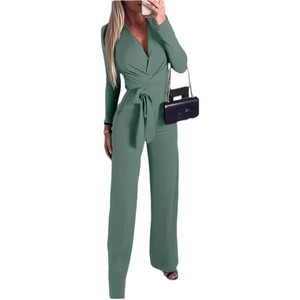 Mono Elegante de Color Sólido para Mujer, Sexy, Cuello en V, Manga Larga, Cintura Ajustada, a la Moda - Product Image 1