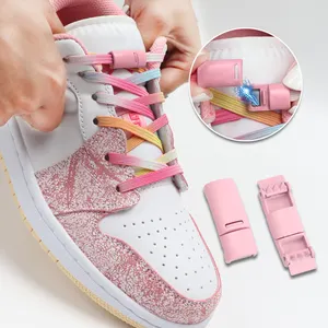 Tali sepatu Sneakers bercetak elastis datar untuk sepatu kets tanpa tali sepatu tekan gesper kunci saklar logam tali sepatu magnetik malas