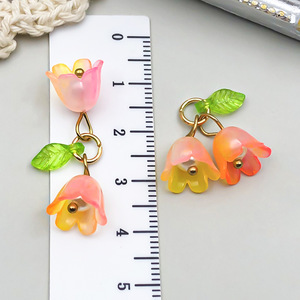Ciondoli a forma di <span class=keywords><strong>campanula</strong></span> doppia vintage in acrilico placcato oro con foglie verdi, accessori fai da te per gioielli, charm floreali - Product Image 6
