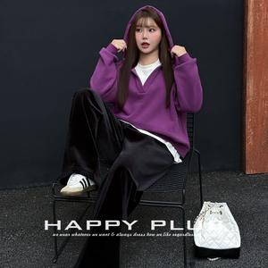 Sudadera con Capucha Forrada de Polar Happy Plus, Morado Gris Oscuro, Talla Grande, Cálida para Invierno, Corte Holgado, Prenda Casual para Mujer - Product Image 1