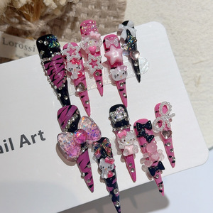 Venta al por mayor hecho a mano Stiletto largo prensa en las <span class=keywords><strong>uñas</strong></span> 3D Hello Kitty <span class=keywords><strong>Rosa</strong></span> cebra diseño acrílico personalizado <span class=keywords><strong>uñas</strong></span> artificiales - Product Image 1