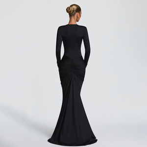 Vestido de noche con cuello en V profundo, manga larga, corte de cola de pez, elegante, formal, para mujer - Product Image 3