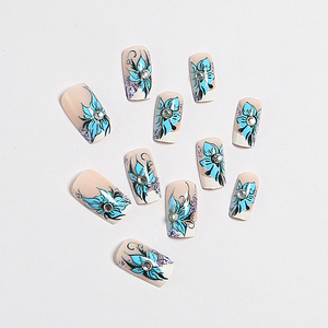 <span class=keywords><strong>Faux</strong></span> ongles carrés bleus à motif floral, en ABS, avec strass, style Ins, pour <span class=keywords><strong>pose</strong></span> avec colle - Product Image 2