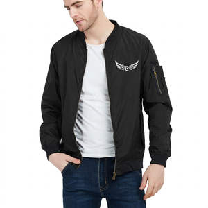 <b>Men's</b> Black <b>Thin</b> Collarless Bomber <b>Jacket</b> with Logo Zipper Front Casual Windproof Polyester Outerwear Spring Style - Product Image 1