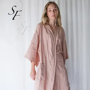 Pigiama scozzese tinta unita da donna di media lunghezza estivo personalizzato lino Casual Luxury Homewear 100% fibra naturale Plus Size Robe