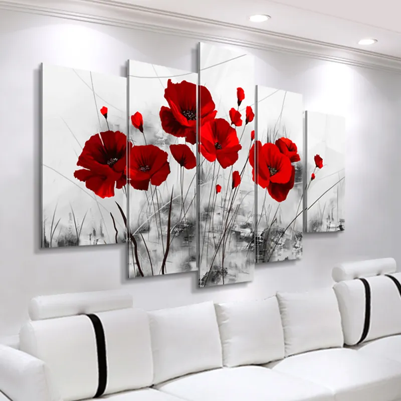 מודרני בד ציור 5 חתיכות מודולרי אדום פרג פרחים כרזות בד הדפסות קיר תמונות לסלון דקור