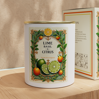 A08M Offre Spéciale Bougie cadeau en cire de soja parfumée au citron vert et aux agrumes avec couvercle en métal et étiquette personnalisée personnellement