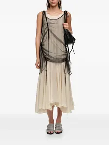 Conjunto de Vestido de 2 Piezas para Mujer, Negro, con Cordón Ajustable, Malla Fruncida, Top Camisero sin Mangas con Tirantes Finos, Vestido Midi Satinado con Corte Acampanado - Product Image 4