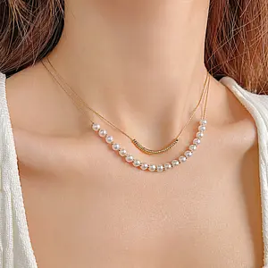 Wholesale Fashion Double Layer Wear Pearl Collarbone Necklace Temperament Stainless Steel Rubber Beads Pearl Necklace For Women