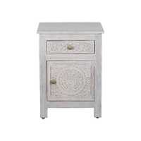 Table de chevet en bois de manguier sculpté à la main avec 2 tiroirs, design floral |   Table de chevet vintage blanche antique pour chambre d'appartement avec rangement