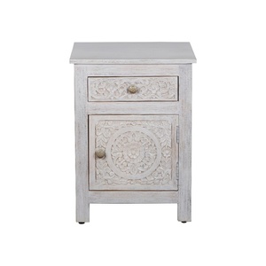 Table de chevet en bois sculptée à la main avec motif floral |   Table de chevet blanche antique avec tiroir et armoire | Meuble de rangement vintage pour chevet - Product Image 2