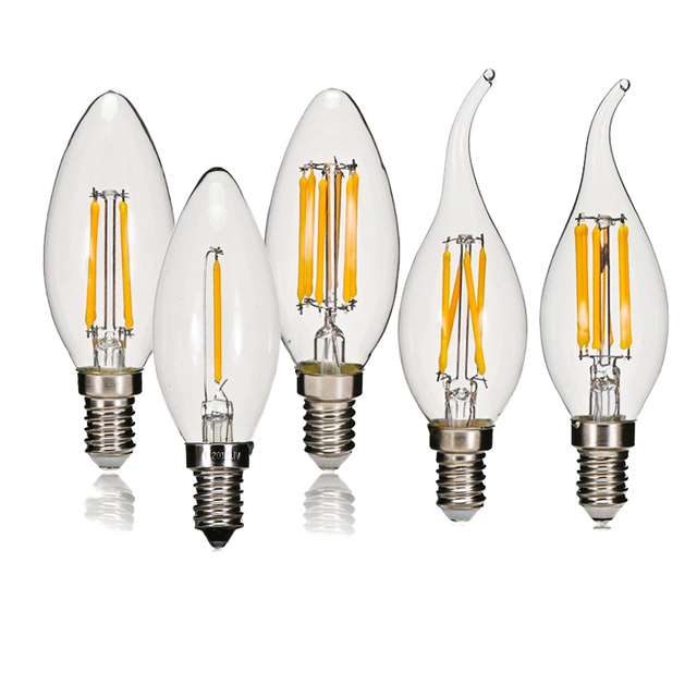 Vintage Edison Candelabra Dimmable LED Filament Light Bulbs Flicker Free Warm White E14/C35/C35L Glass Ac E26/E27