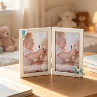 Cadre photo double personnalisé en alliage de zinc, diptyque à charnière, avec breloques montgolfière et cheval à bascule, cristal blanc, OEM, en métal, pour chambre de bébé