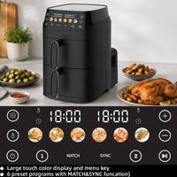 Friteuse à air double panier 2,5L+2,5L, écran tactile numérique, 6-en-1, sans huile, électrique, double tiroir, avec finition MATCH&SYNC