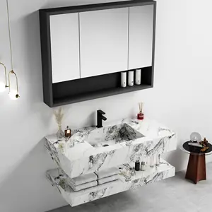 Hiện đại bóng bề mặt tường đá nhân tạo phòng tắm Tủ thiêu kết đá Vanity với gốm lưu vực