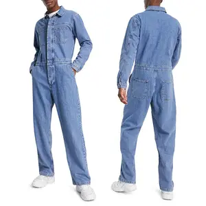 Baju Celana Jins Denim Pria, Baju Terusan Ketat Pria, Lengan Panjang, Kerah Agak Tinggi, dengan Manset Kancing, Celana Denim Biru