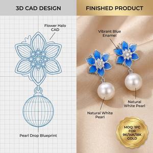 Elegantes Pendientes Florales de Oro Sólido de 9K/14K/18K con Esmalte Azul y Perla de Agua Dulce para Joyería Romántica - Product Image 3
