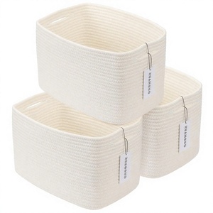 Panier de rangement rectangulaire moderne en corde de coton tressée avec couvercle pour articles divers de bureau - Product Image 4