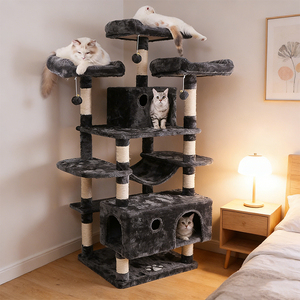 Tiang Garukan Kucing Mewah Modern Desain Khusus Warna Abu-abu dengan Tempat Tidur Hammock dan Menara Kucing Bertingkat dari Bahan Plush Lembut - Product Image 1