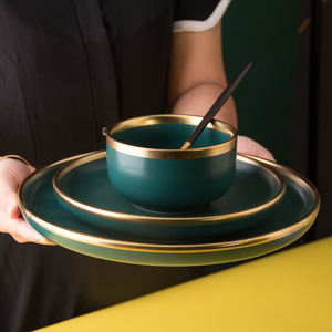 Ensemble de 3 bols à pâtes en céramique de couleur <span class=keywords><strong>blanc</strong></span>, vert, rose, noir, avec des assiettes de service dorées roses, vaisselle - Product Image 4