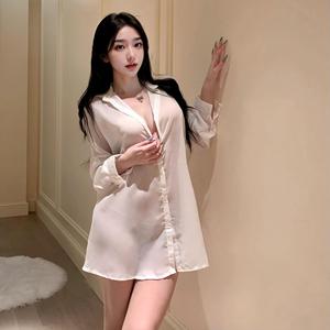 <span class=keywords><strong>Lingerie</strong></span> de fin de saison Boss Babe Secretary : chemisier transparent à col en V plongeant et à nouer devant - chemise intime en satin mignonne et sexy - Product Image 3