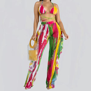 ODM femmes Tie-dye maillots de bain maille trois pièces tenues maillot de bain haut court à volants pantalons longs maillot de bain maillot de bain Biquini - Product Image 6