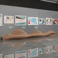 Banc de siège en bois massif découpé en forme de vague, pieds coniques, pour centre commercial et zone de repos publique, chaise d'attente personnalisable