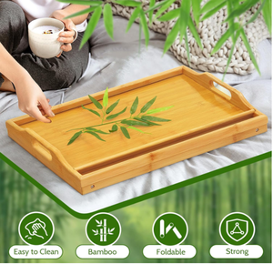 Plateau de service portable en bambou pour petit-<span class=keywords><strong>d</strong></span>éjeuner avec poignée, pieds pliables, finition laquée sculptée, pour salon, service de boissons et de nourriture - Product Image 5