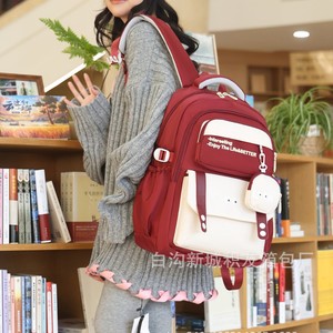 Student Backpack 18 In Color Blocking Waterproof For School Kids Unisex Wine Red - Product Image 1